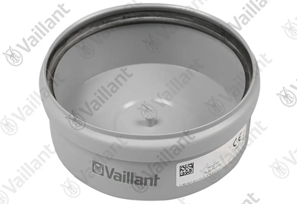 Grau lackierter Deckel mit EPDM-Dichtung und eingearbeitetem Fixierungselement, sichtbar mit Vaillant-Logo, für den Einsatz in einem technischen System.